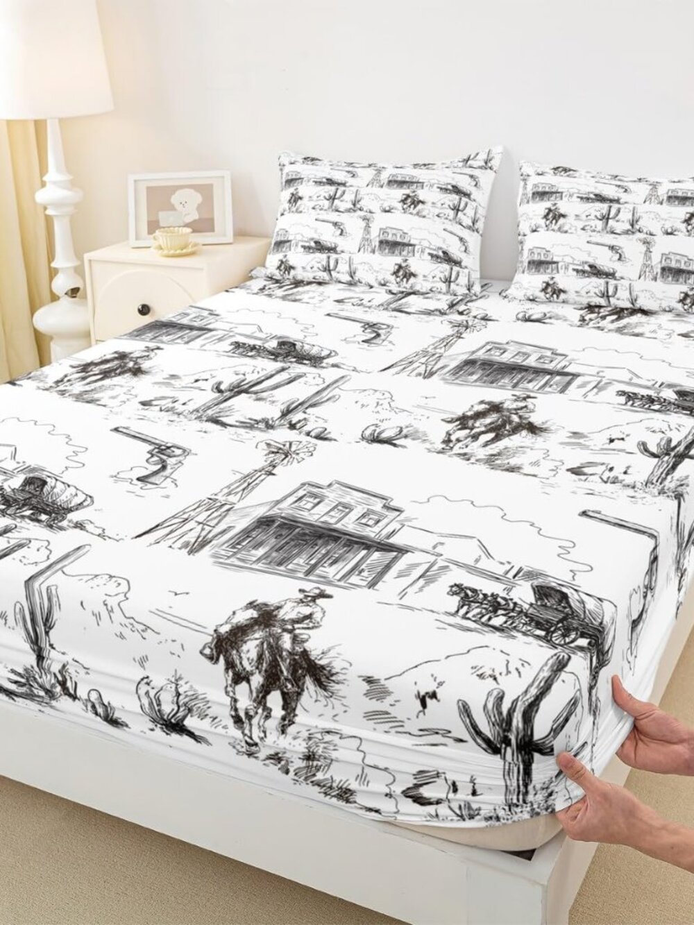 Western Bedding Set Full Size,Vintage Desert Cowboy Fitted Sheet 3Pcs for Kids B